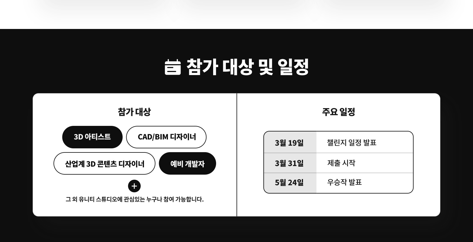 참가 대상 및 일정 - 3D 아티스트, CAD/BIM 디자이너, 산업계 3D 콘텐츠 디자이너, 예비 개발자 대상, 3월 19일 챌린지 일정 발표, 3월 31일 제출 시작, 5월 24일 우승자 발표
